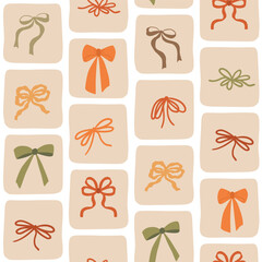 Coquette bows geometric seamless pattern. Vector hand drawn ribbon background in green and yellow colors. Autumn design for fashion, fabric, textile, wallpaper, wrapping paper, print.