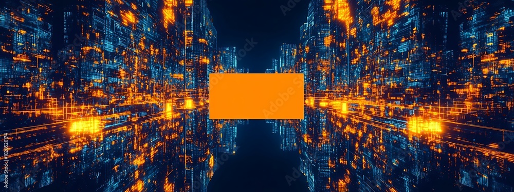 Poster Abstract digital background with orange rectangle in the middle.