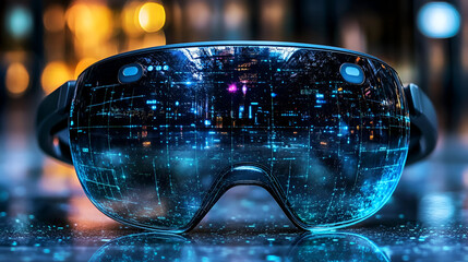 Futuristic virtual reality headset showcasing a digital cityscape illuminated at night