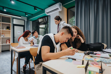 A diverse group of students working together in a classroom setting, focused on collaborative learning. The scene conveys teamwork, concentration, and academic engagement, highlighting a modern