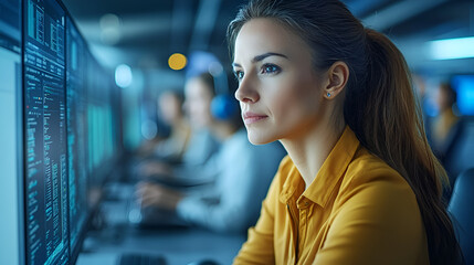 Young professional working intently on computer screens in a modern office during the daytime, focused on data analysis and programming tasks