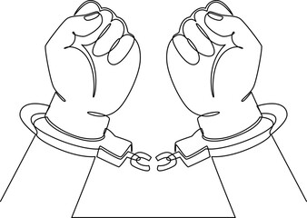Hands Breaking the Chains of Handcuffs one line art vector