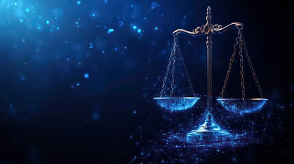 A digital scales of justice with blue lights and a dark blue background.