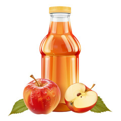 A glass bottle of apple syrup with apples, isolated on a transparent background.