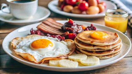 Delicious breakfast spread featuring bacon, eggs, pancakes, toast, and fresh juice, perfect for a sunny morning