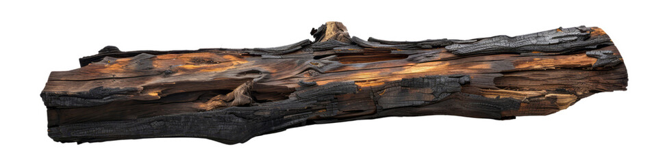 A piece of burnt wood isolated on a solid transparent background with focused lighting.