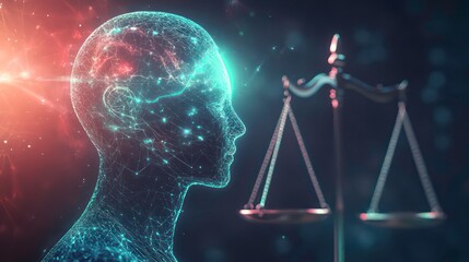A digital human head in a futuristic style, composed of lines and dots with a scale of justice in the background.