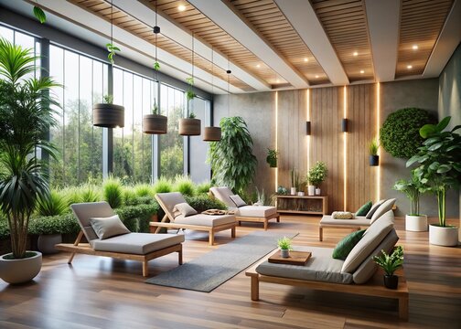 A modern wellness center's architectural photography highlights EFT tapping points, showcasing serene spaces designed for healing and self-discovery