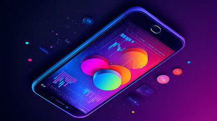 Colorful smartphone displaying data visualization and analytics on a dark background with vibrant graphics and charts
