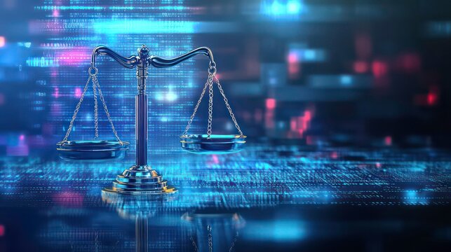 A silver scales of justice stands in front of a blue and purple background with a binary code effect.