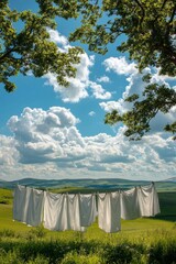 Clothes hanging to dry on a line in a green field with scenic hills and clouds