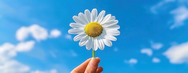Hand holding a daisy flower against a bright blue sky background.
