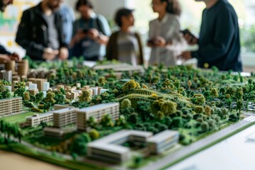 Interactive urban planning session featuring a detailed model of a green city landscape with participants discussing ideas