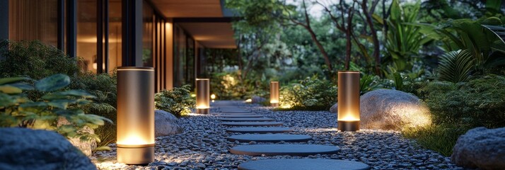 A tranquil evening pathway illuminated by lanterns near a modern home in a lush garden setting
