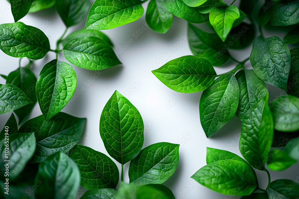 Poster A collection of lush, green leaves is meticulously placed against a stark white background, highlighting their intricate textures and vibrant colors, perfect for nature enthusiasts