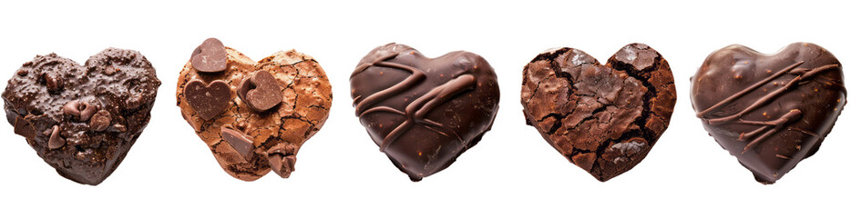 Obraz premium Four chocolate heart-shaped cookies isolated on a transparent background, in different styles, showcasing unique patterns and textures.