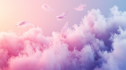 Fototapeta premium White Feathers Floating in Pink and Purple Clouds