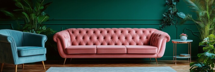 Stylish living room with green walls and modern pink couch in a bright interior space
