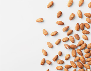 Top view of scattered almonds on a white background.