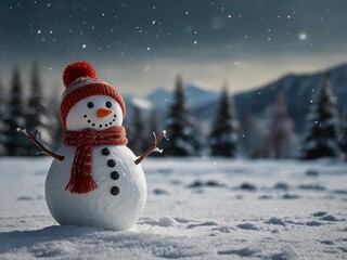 Obraz premium Snowman in the winter forest. Panoramic view of happy snowman in winter secenery with copy space.
