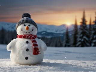 Obraz premium Snowman in the winter forest. Panoramic view of happy snowman in winter secenery with copy space.