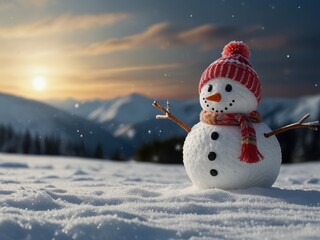 Fototapeta premium Snowman in the winter forest. Panoramic view of happy snowman in winter secenery with copy space.