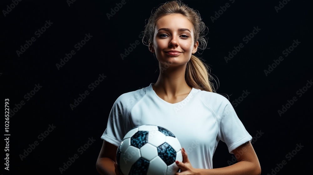 Poster Young woman in sports attire holding a soccer ball against a dark background