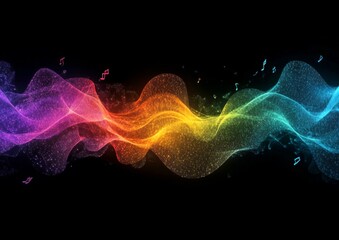 Fototapeta premium Vibrant sound waves with musical notes illuminating a dark background in a colorful display