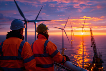 Technicians observe a stunning dawn at a coastal wind farm, surrounded by turbines and a vibrant sky