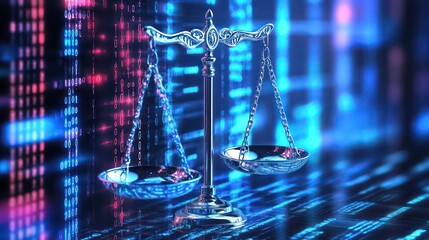 Scales of justice against a backdrop of digital code, symbolizing the intersection of law and technology.