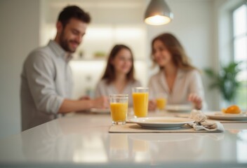 A group of friends is gathered in a modern kitchen, smiling and talking as they prepare breakfast together. The bright indoor light and casual setting create a joyful and relaxed morning moment.