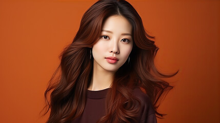 Naklejka premium generated illustration of Beautiful young asian woman with long hair portrait isolated on brown background