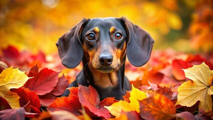 A playful dachshund frolics among vibrant autumn leaves, capturing the essence of fall. Its mischievous spirit shines through in this charming pet