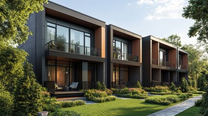 Fototapeta premium Modern townhouse complex surrounded by lush greenery in a peaceful neighborhood on a sunny day
