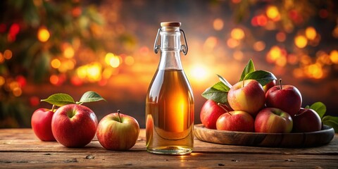 Naklejka premium Apple Cider Vinegar in Glass Bottle with Fresh Red Apples - Health Benefits and Natural Ingredients
