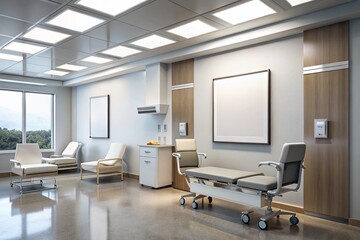 A pristine hospital waiting room featuring blank white poster mockups and modern medical equipment, ideal for stock photography purposes in