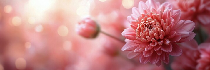 Beautiful pink chrysanthemums blooming in a garden on a sunny day in early spring
