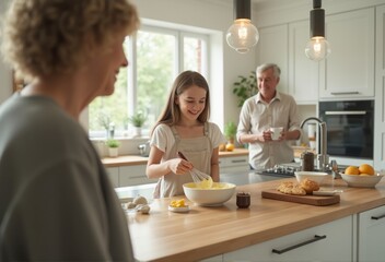 A family is gathered around a kitchen island, baking cookies together in a warm and cozy kitchen. The bright light and teamwork create a happy and bonding family moment.