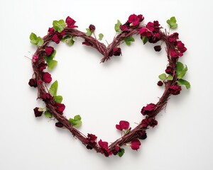 Obraz premium Heart-shaped floral arrangement with red roses and greens.
