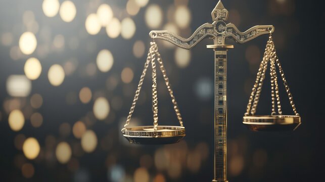A golden scale of justice with a blurred bokeh background. - Powered by Adobe