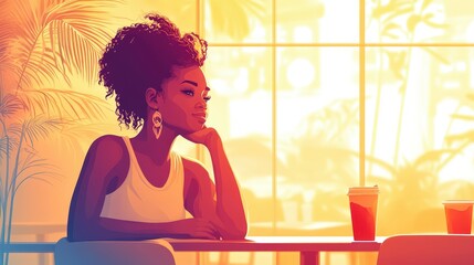 Joyful African Woman Planning Creative Menu Ideas in Minimalist Anime Vector Illustration