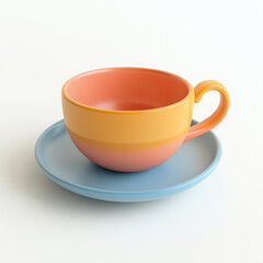 a cup with a gradient design on a blue saucer, modern aesthetic, copy space