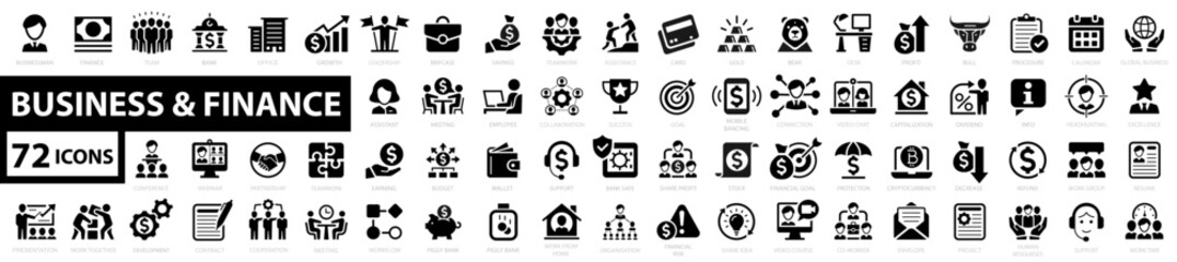 Set of 72 Business and Finance icons. Money, businessman, team, office, bank, contact, infographic, with money, bank, check, law, auction, exchance, payment, wallet, deposit, piggy, calculator and mor © vectorsanta