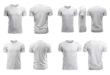 Set of white tee t-shirt round neck front back and side png