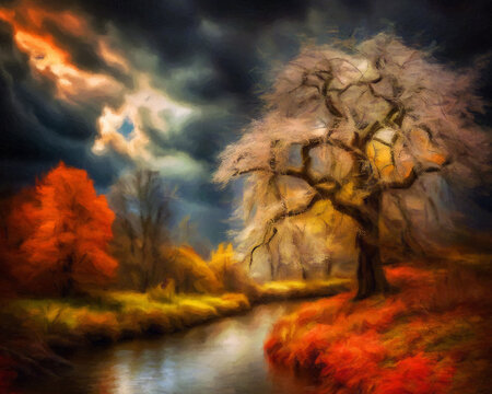 The Rhythm of Change: A Tapestry of Life's Seasons. Autumnal Serenity: White Tree, Red Leaves, River