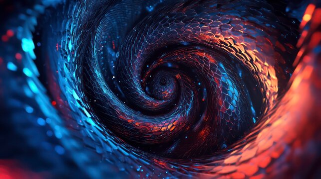 A mesmerizing abstract spiral pattern with a dark center surrounded by blue and orange colors with small glowing dots.