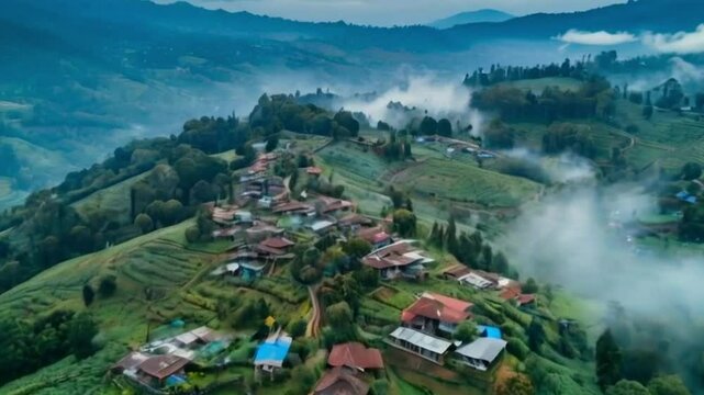 Aerial Perspective: Panoramic View of a Mountain Village Amidst Misty Rainforests 