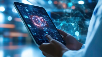 A person in a lab coat uses a tablet to analyze data with a glowing, futuristic interface.