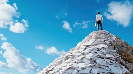 Struggling Person Climbing Paper Mountain Against Sky