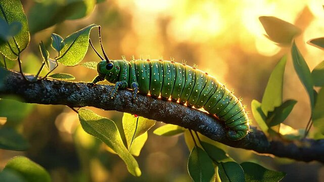 A close-up of a green caterpillar with yellow and red spots on a tree branch. The caterpillar is in the process of metamorphosis.